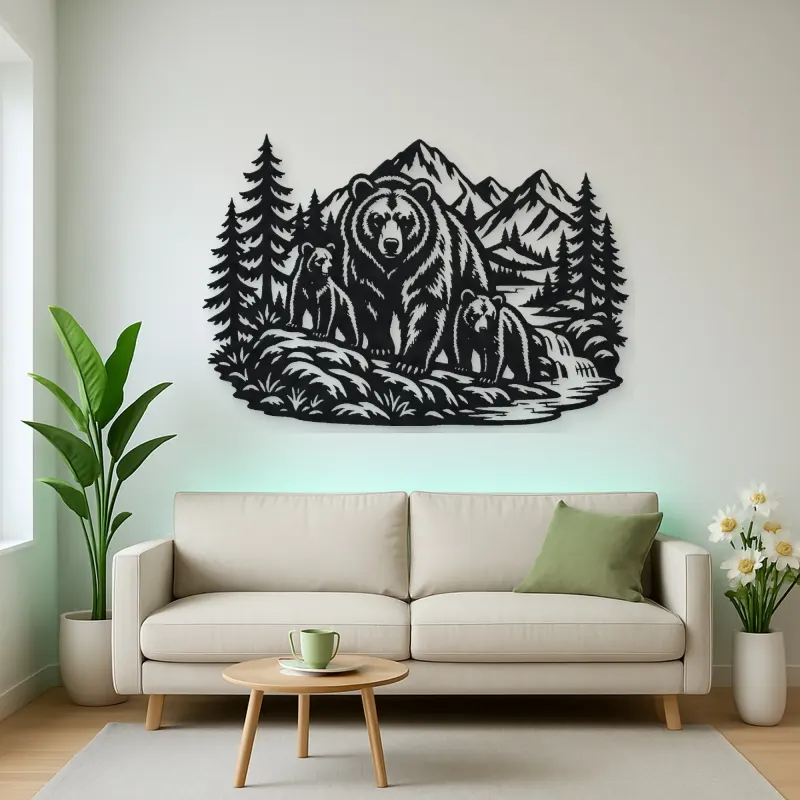 Bear Mountain Scene Metal Wall Art | Wildlife Silhouette Decor