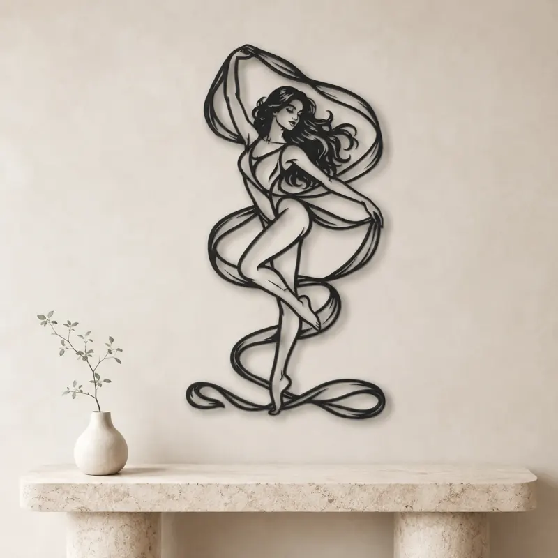 Silk Ribbon Pose Metal Wall Art | Movement Silhouette Decor - lifestyle view 3