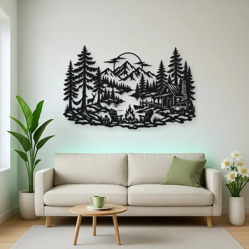 Campfire in the Pines Metal Wall Art | Nature Silhouette Decor
