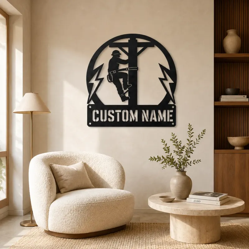 Personalized Electrical Lineman Metal Wall Art with Utility Pole - lifestyle view 5