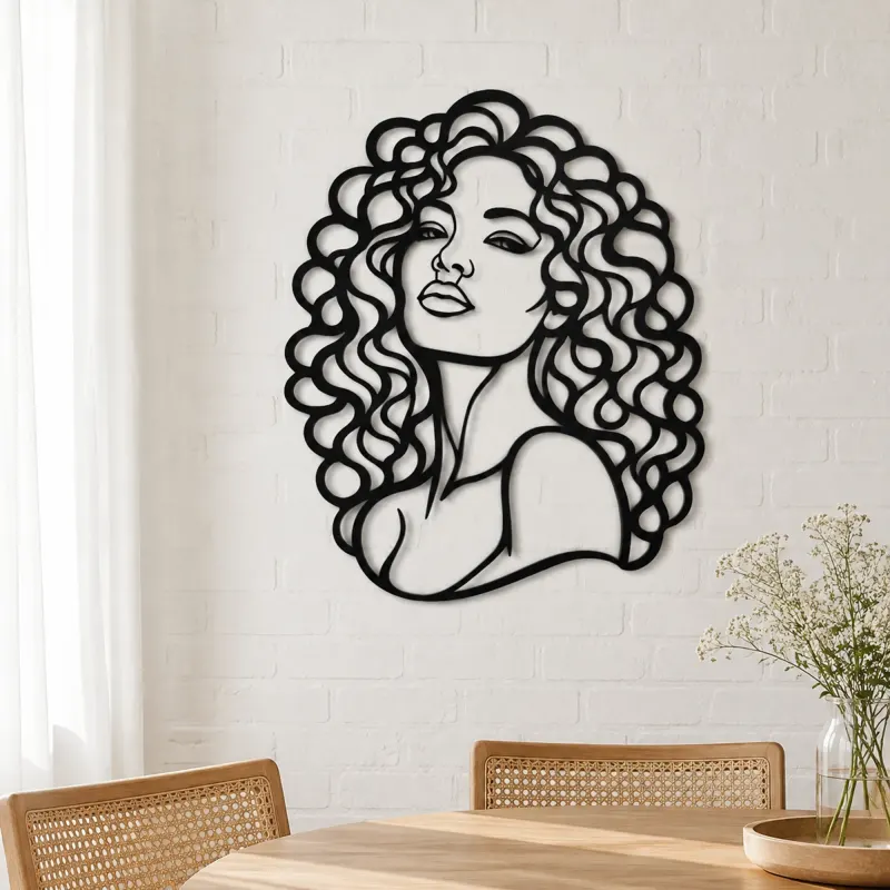Curly Hair Portrait Metal Wall Art | Minimalist Woman Line Art - lifestyle view 4