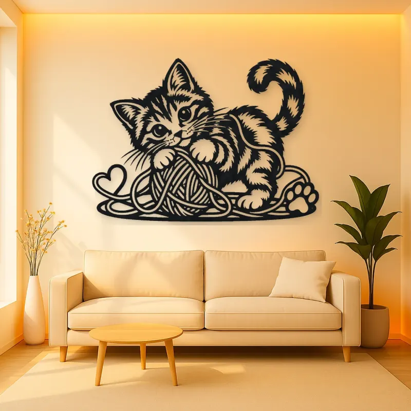 Playful Kitten Yarn Metal Wall Art | Pet Lover Silhouette Decor