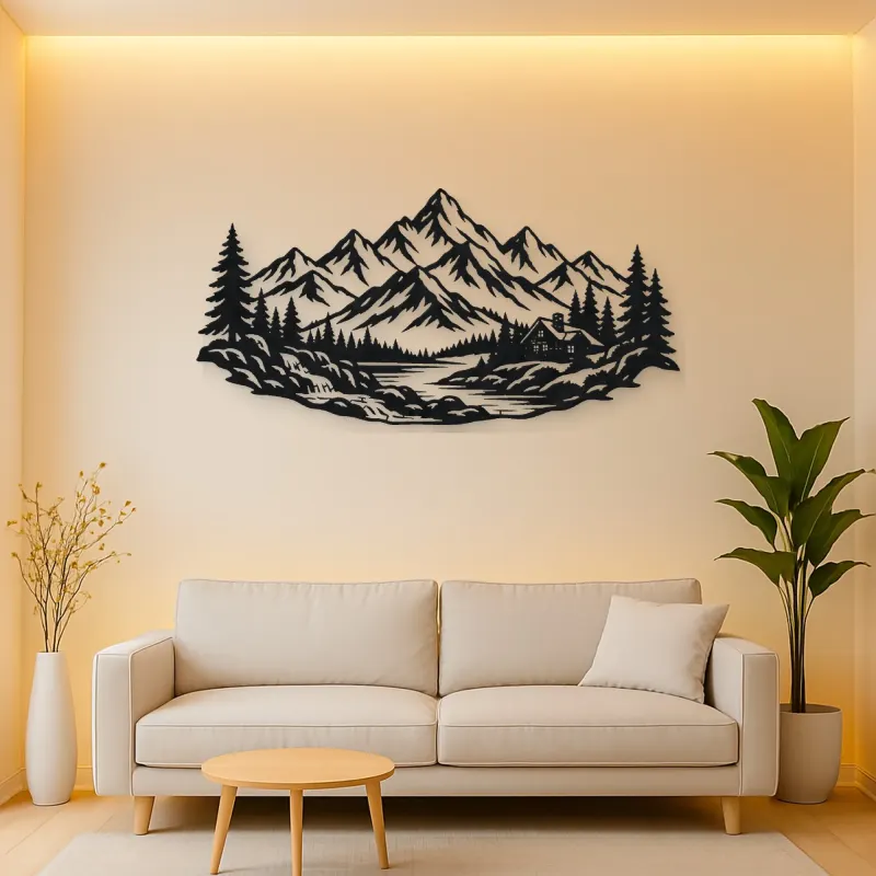 Cabin below the Peaks Metal Wall Art | Nature Silhouette Decor