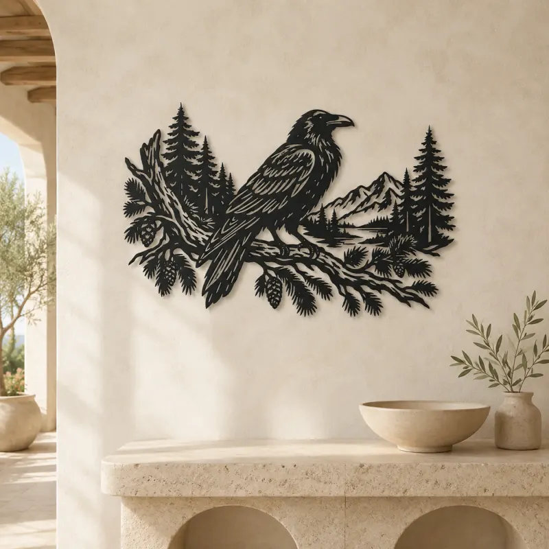 Raven Forest Branch Metal Wall Art | Wildlife Silhouette Decor - lifestyle view 3