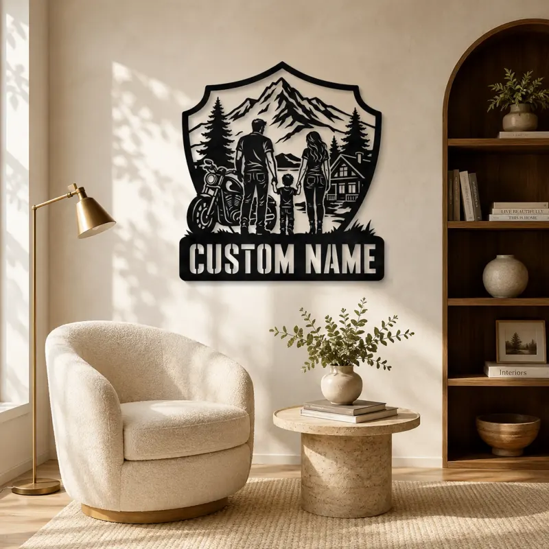 Personalized Family of Three Motorcycle Mountain Cabin Metal Wall Art - lifestyle view 5