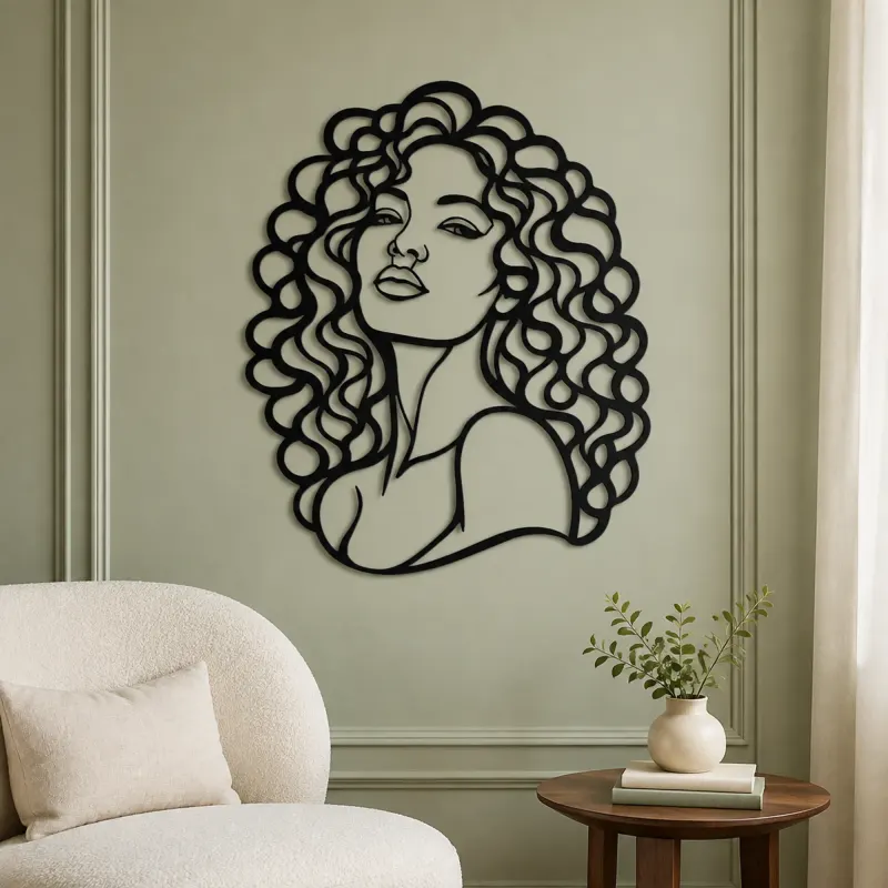 Curly Hair Portrait Metal Wall Art | Minimalist Woman Line Art - lifestyle view 2