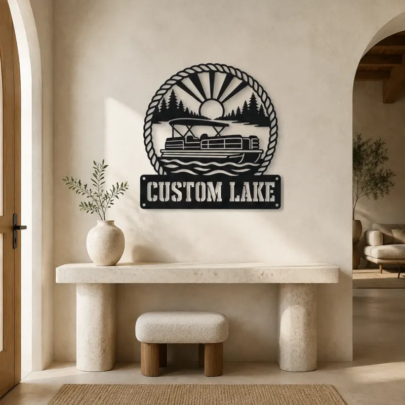 Personalized Pontoon Boat Metal Wall Art with Mountain Lake - lifestyle view 3