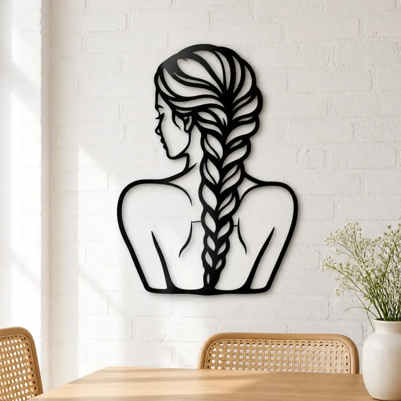 Braided Hair Muse Metal Wall Art | Minimalist Woman Line Art - lifestyle view 4