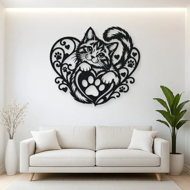 Cat Paw Heart Metal Wall Art | Pet Lover Silhouette Decor
