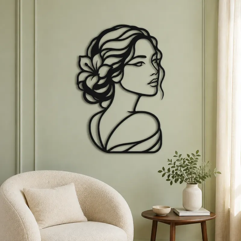 Calm Side Glance Metal Wall Art | Minimalist Woman Line Art - lifestyle view 2