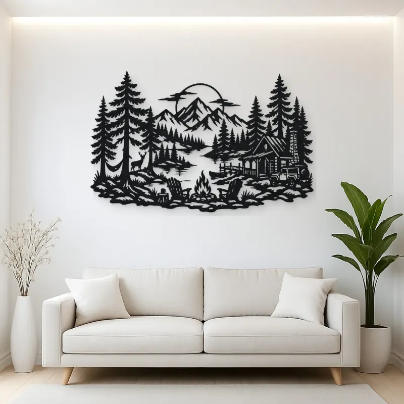 Campfire in the Pines Metal Wall Art | Nature Silhouette Decor
