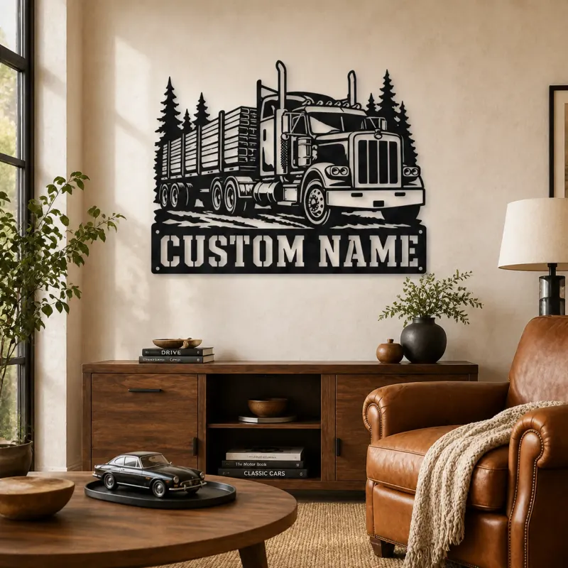 Décoration murale en métal personnalisée de camion semi à plateau forestier