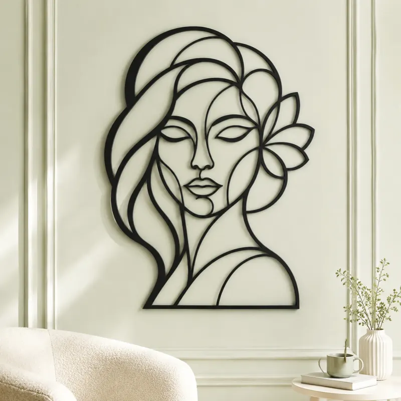 Geometric Face Muse Metal Wall Art | Minimalist Woman Line Art - lifestyle view 2