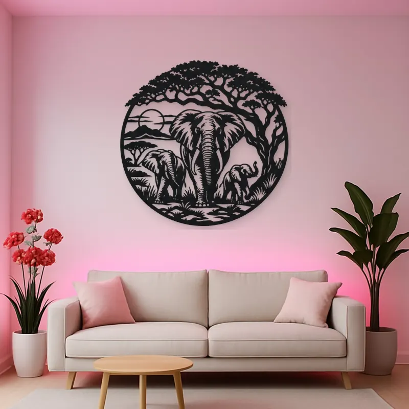 Elephant Tree Circle Metal Wall Art | Wildlife Silhouette Decor