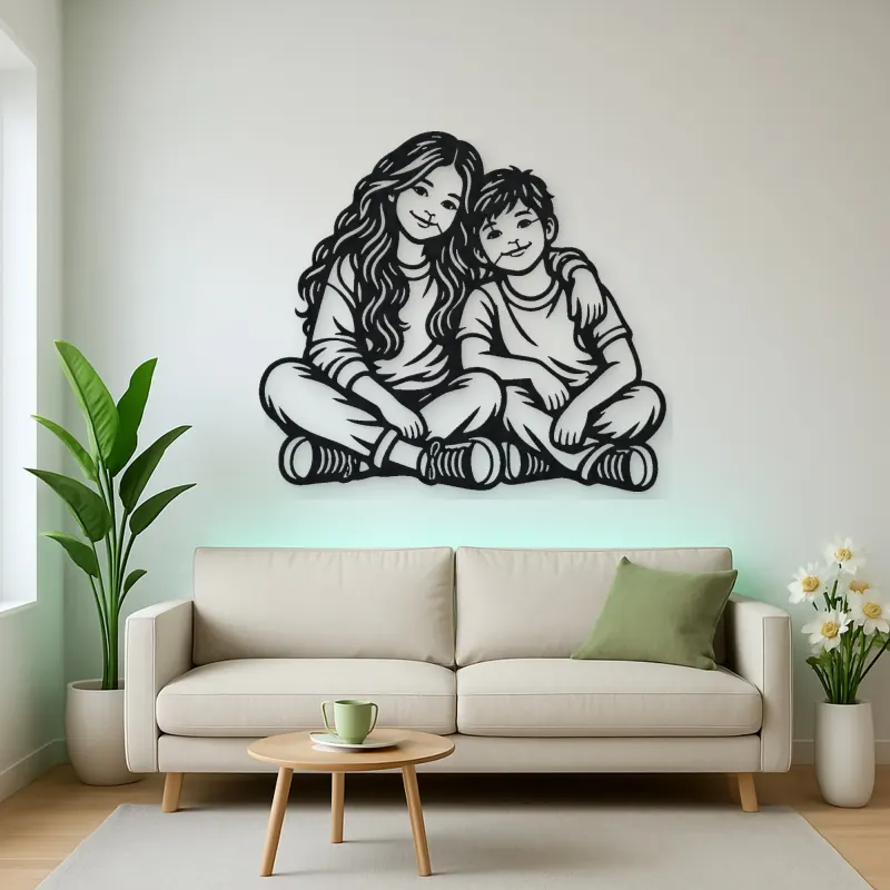 Siblings Side by Side Metal Wall Art | Family Silhouette Decor