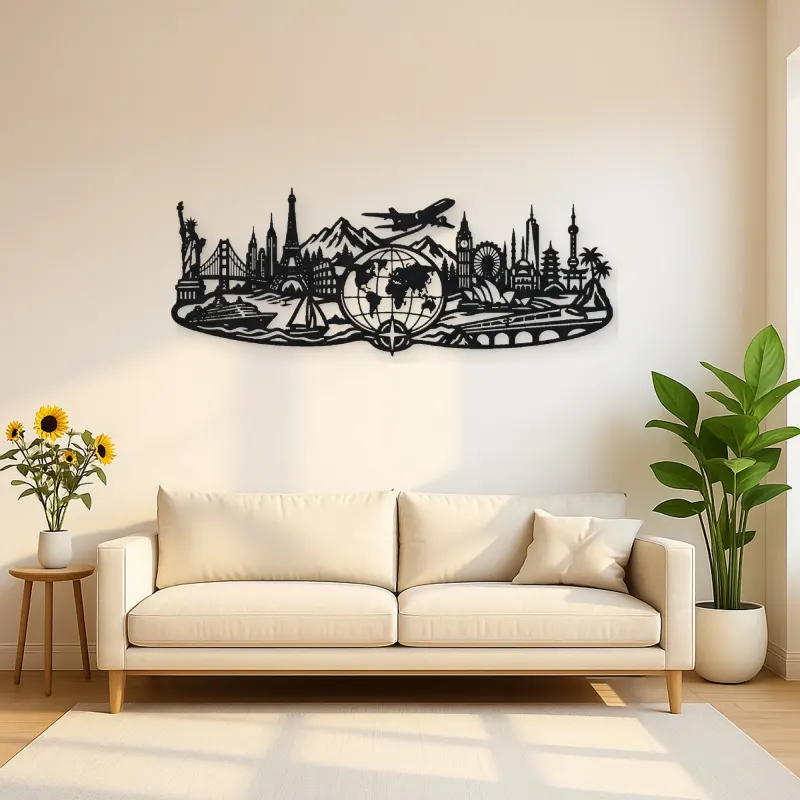 World Map Travel Line Metal Wall Art | Travel and City Wall Decor