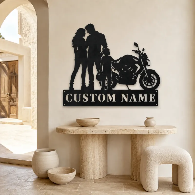 Personalized Motorcycle Family with Helmet Carrying Child Metal Wall Art - lifestyle view 3