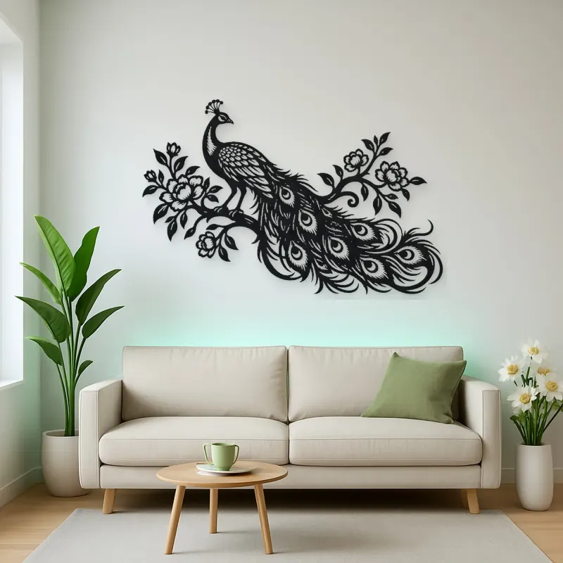 Peacock Feather Flow Metal Wall Art | Wildlife Silhouette Decor