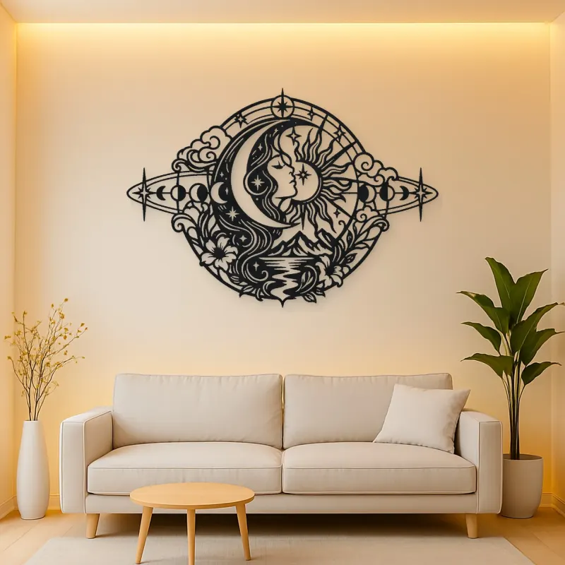 Celestial Crescent Face Metal Wall Art | Minimalist Woman Line Art