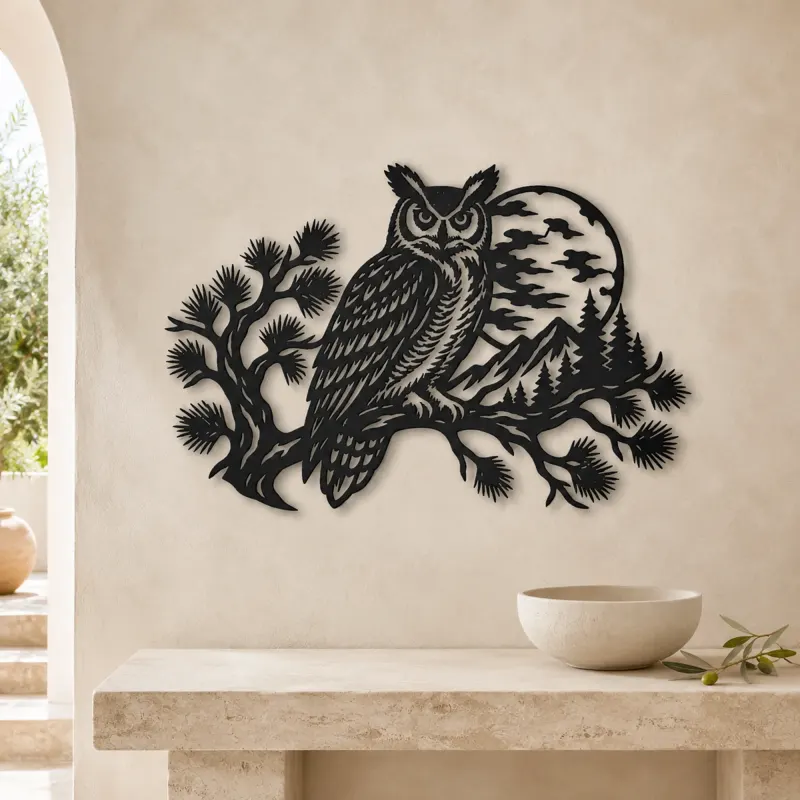 Owl Moon Branch Metal Wall Art | Wildlife Silhouette Decor - lifestyle view 3