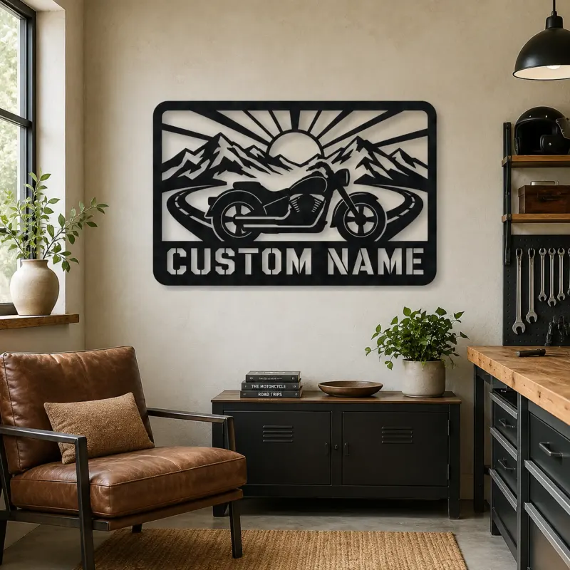 Personalized Cruiser Motorcycle Metal Wall Art with Mountain Road - lifestyle view 4