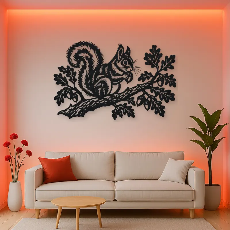 Squirrel Oak Branch Metal Wall Art | Wildlife Silhouette Decor