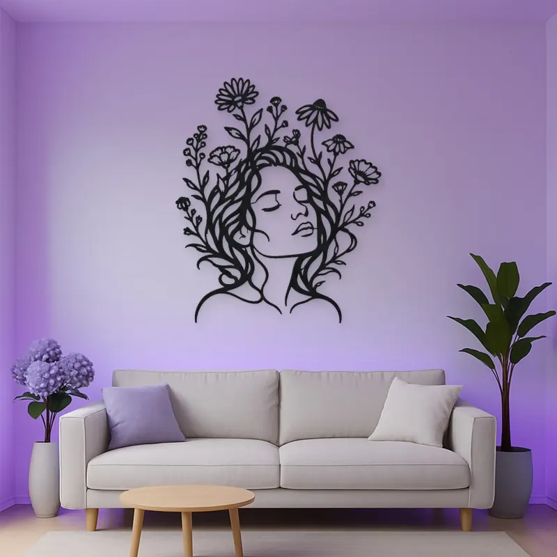 Wildflower Face Metal Wall Art | Minimalist Woman Line Art