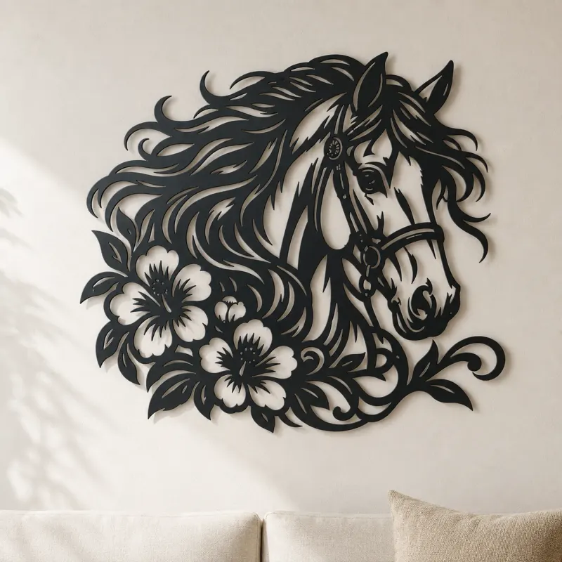 Pferdekopf-Blüten Metall-Wandkunst | Reiterliche Wanddekoration