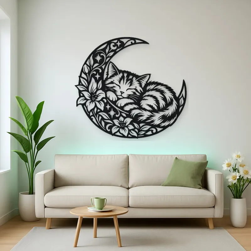 Sleeping Cat Crescent Metal Wall Art | Pet Lover Silhouette Decor