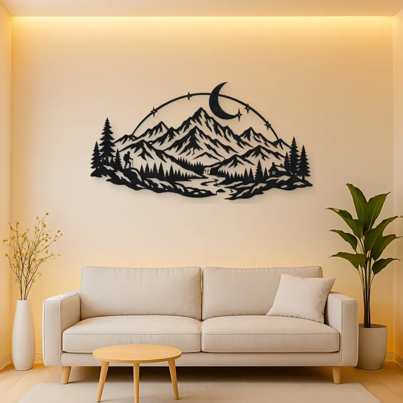 Moonlit Mountain Arc Metal Wall Art | Nature Silhouette Decor
