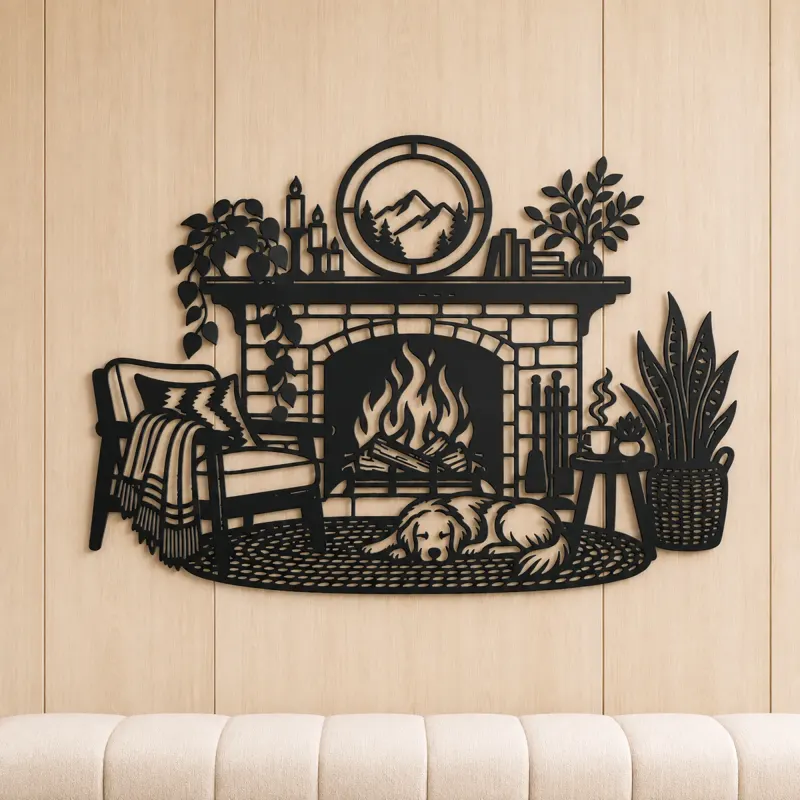 Modern Fireplace Scene Metal Wall Art | Cozy Home Metal Decor - lifestyle view 5