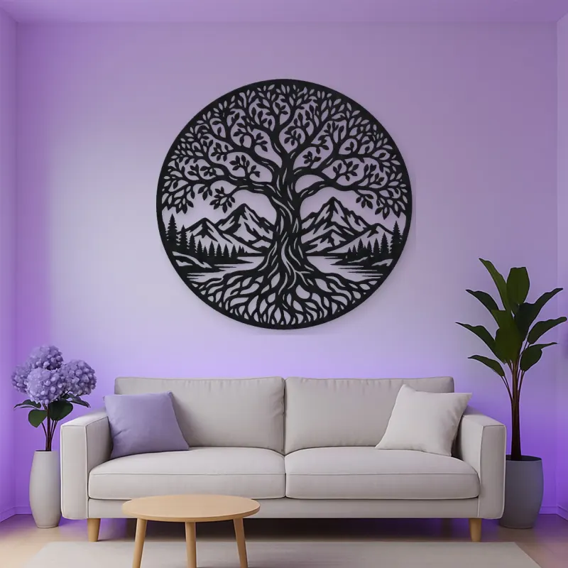 Tree and Mountain Circle Metal Wall Art | Botanical Metal Wall Decor