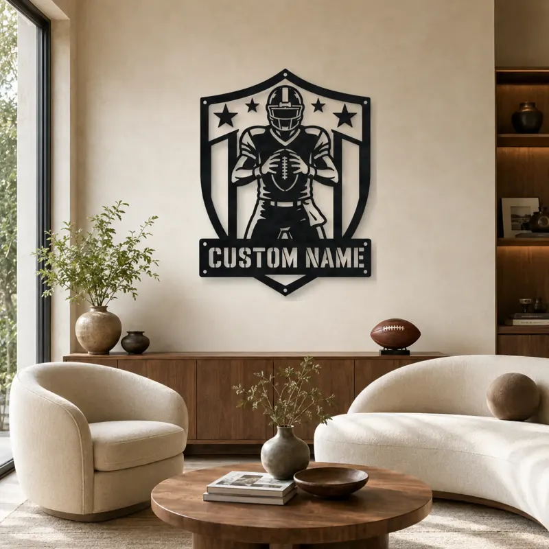 Décoration murale en métal personnalisée avec joueur de football et le bouclier étoiles et rayures