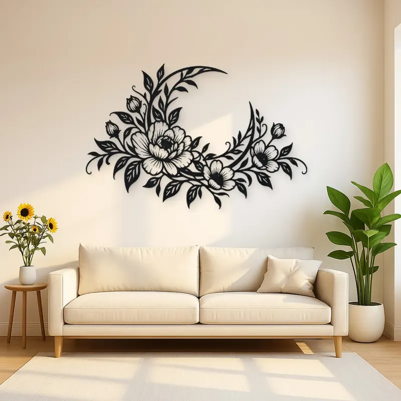 Floral Moon Arc Metal Wall Art | Botanical Metal Wall Decor