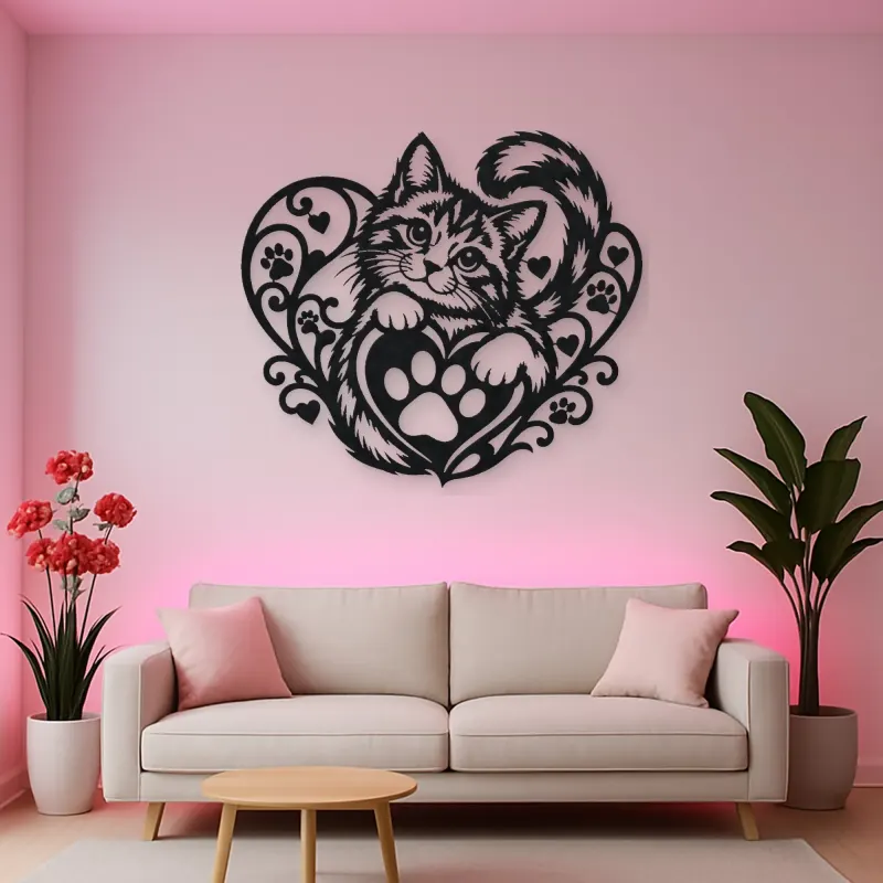 Cat Paw Heart Metal Wall Art | Pet Lover Silhouette Decor