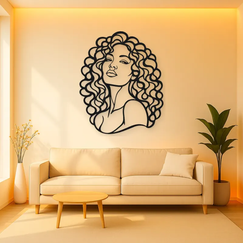 Curly Hair Portrait Metal Wall Art | Minimalist Woman Line Art