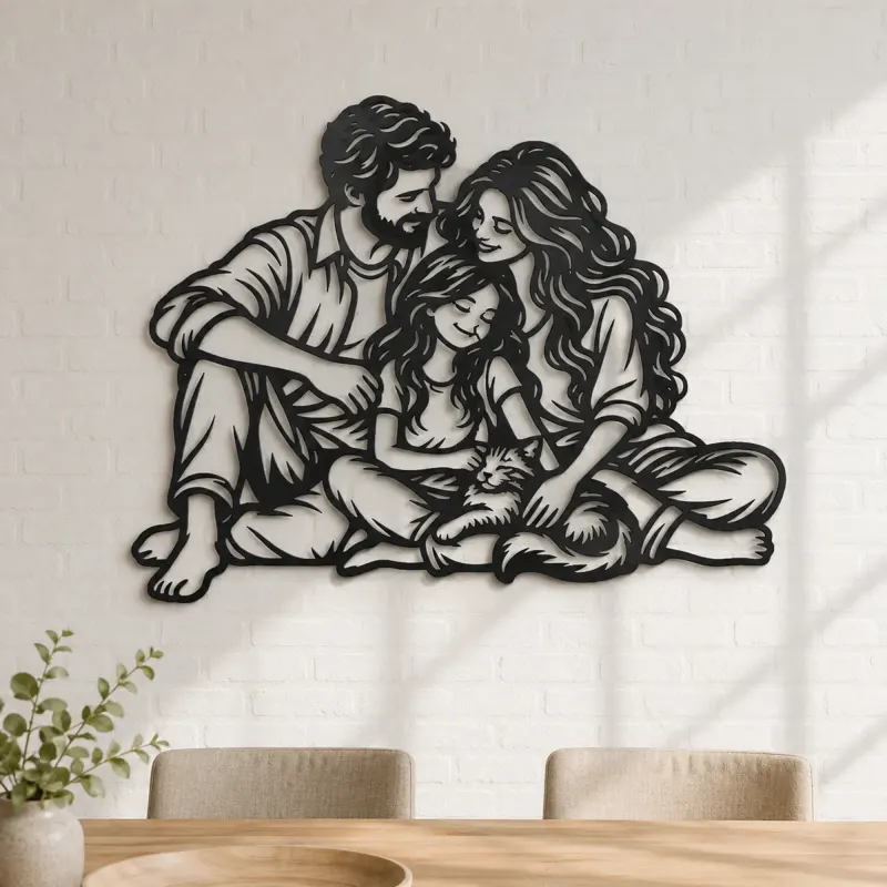 Family with Cat Metal Wall Art | Pet Lover Silhouette Decor - lifestyle view 4