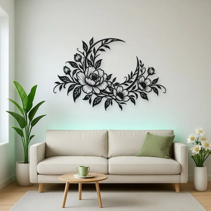 Floral Moon Arc Metal Wall Art | Botanical Metal Wall Decor