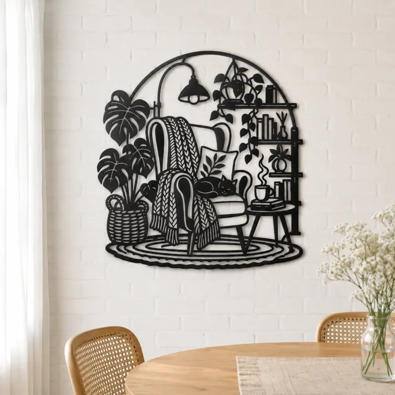 Reading Chair Corner Metal Wall Art | Cozy Home Metal Decor - lifestyle view 4