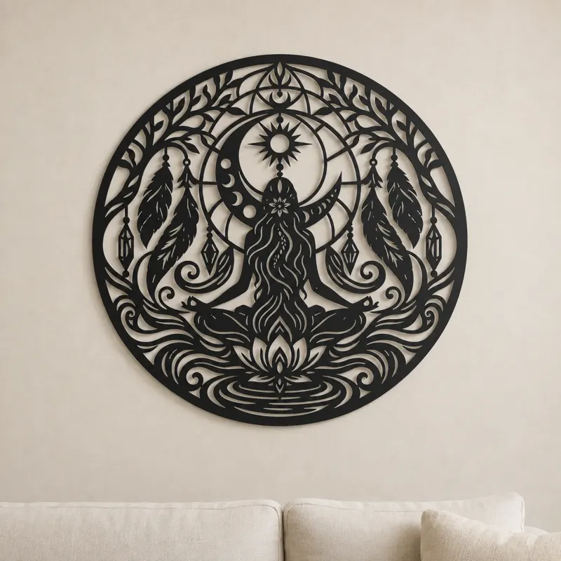 Cartel de metal Flujo de Luna y Pluma | Decoración mural boho celestial