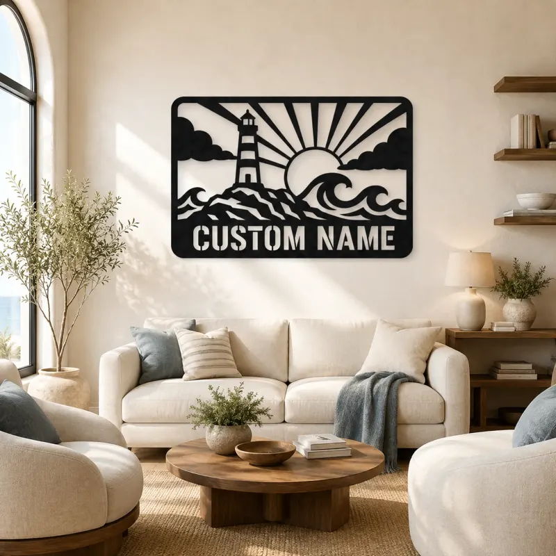 Décoration murale en métal personnalisée phare avec vagues océaniques