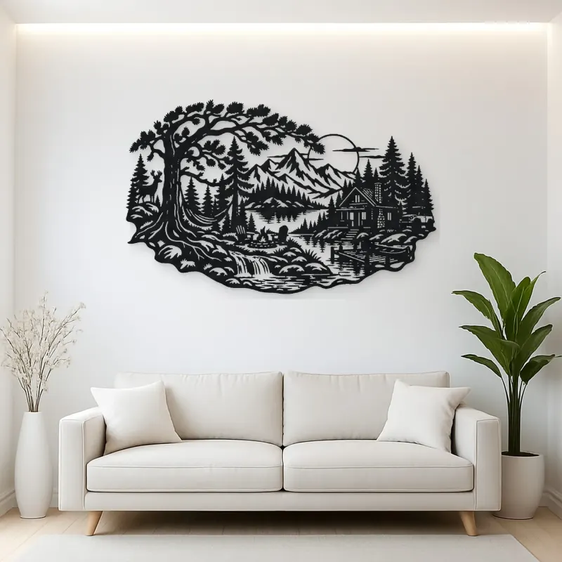 Forest Cabin Retreat Metal Wall Art | Nature Silhouette Decor