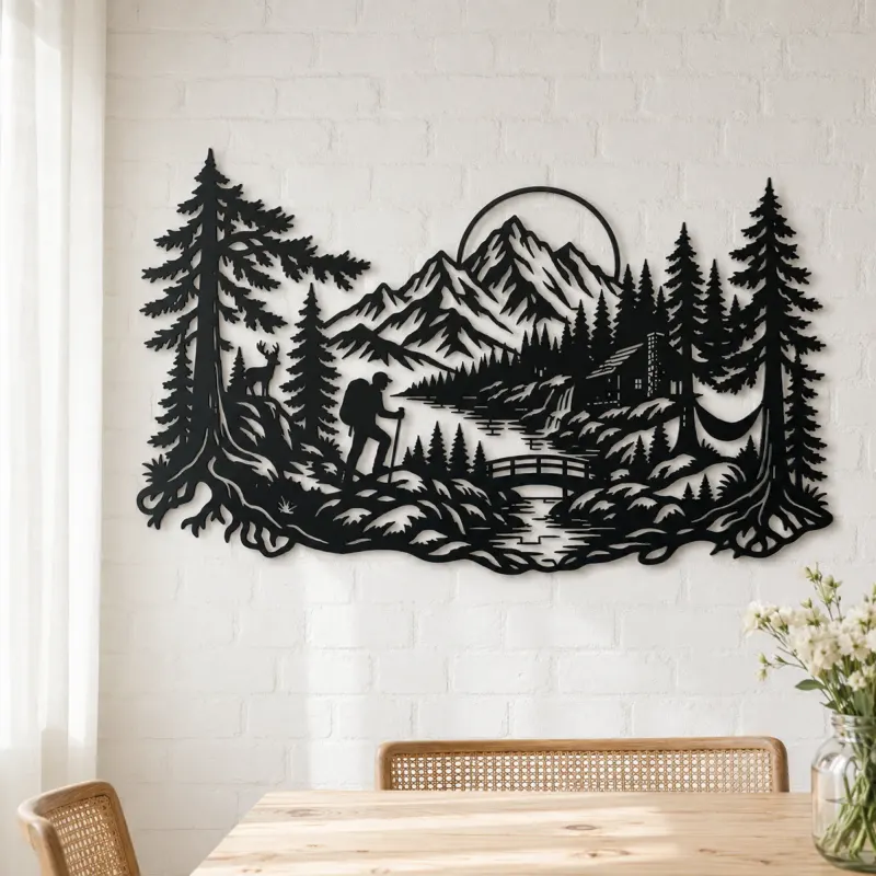Hiker in the Woods Metal Wall Art | Nature Silhouette Decor - lifestyle view 4