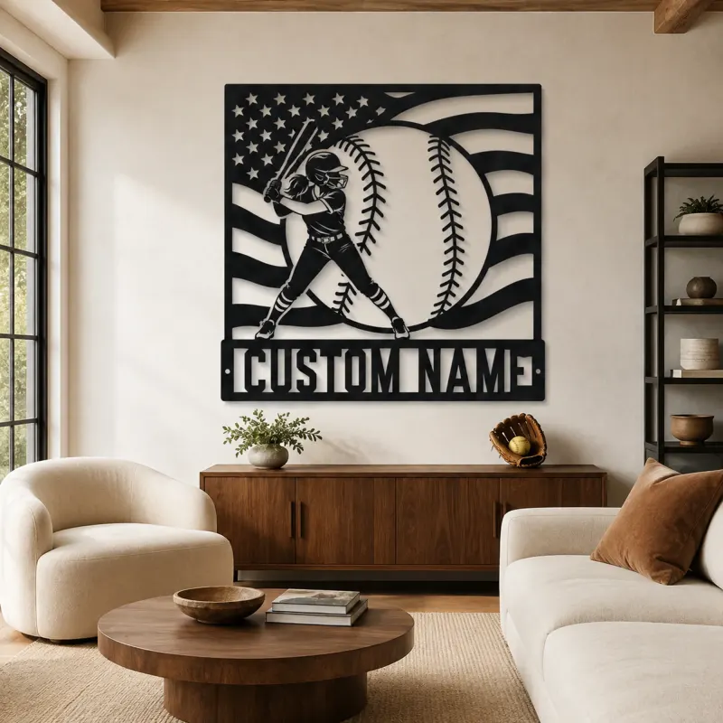Décoration murale en métal personnalisée de joueuse de softball avec drapeau américain