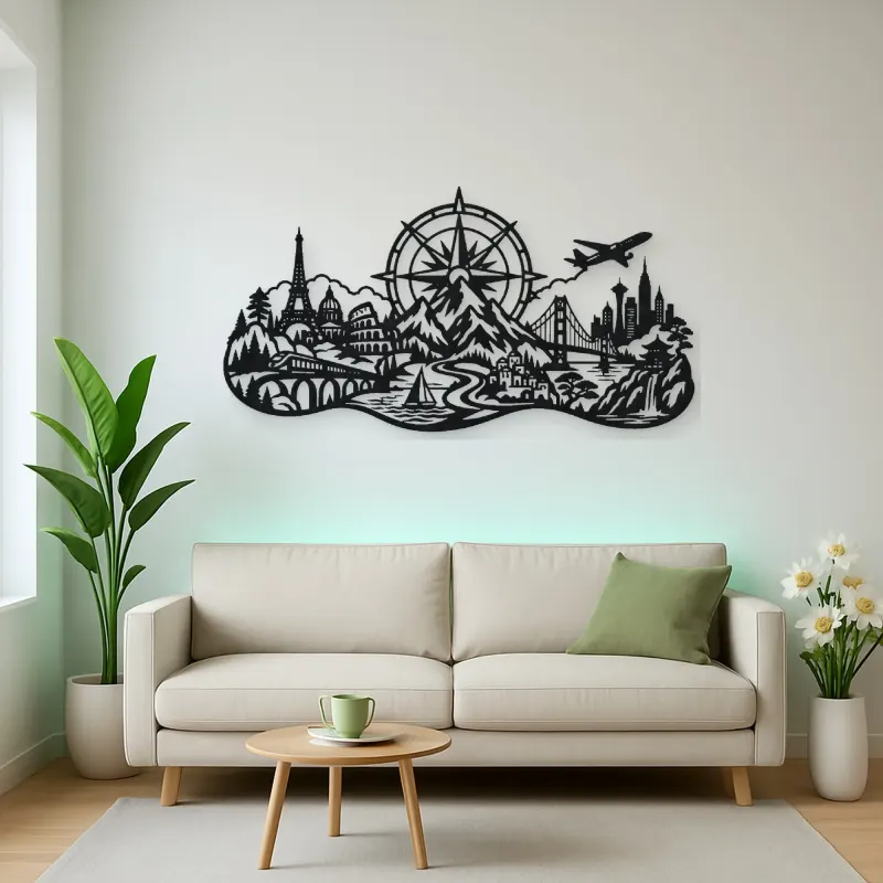 Compass Mountain Flow Metal Wall Art | Nature Silhouette Decor