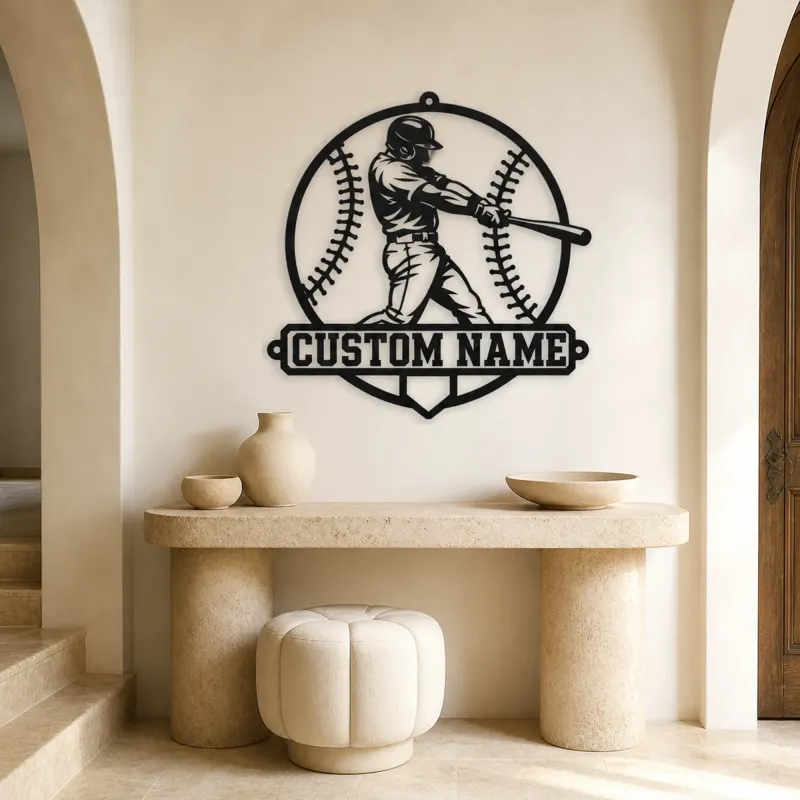 Personalized Baseball Batter Stitched Ball Metal Wall Art - lifestyle view 3