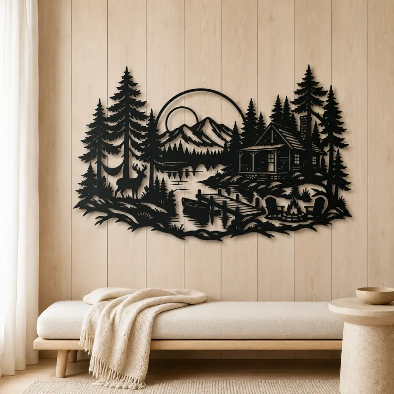 Lakeside Forest Cabin Metal Wall Art | Nature Silhouette Decor - lifestyle view 5