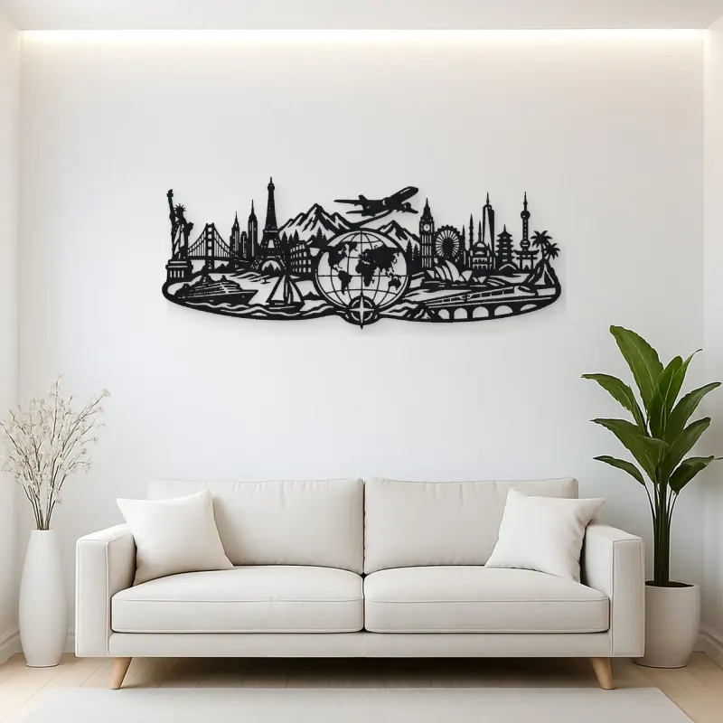 World Map Travel Line Metal Wall Art | Travel and City Wall Decor