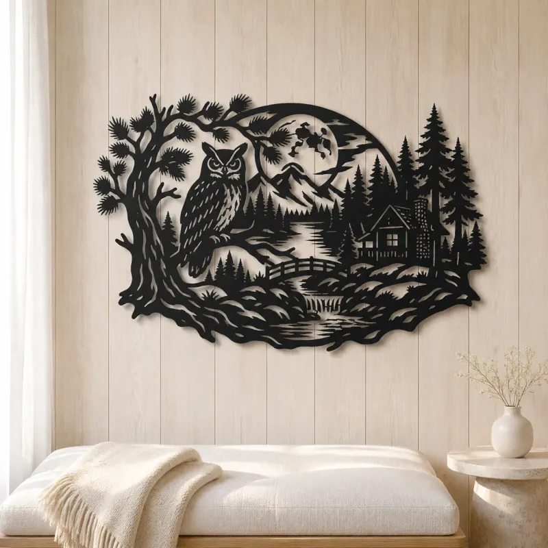 Owl Woodland Night Metal Wall Art | Wildlife Silhouette Decor - lifestyle view 5