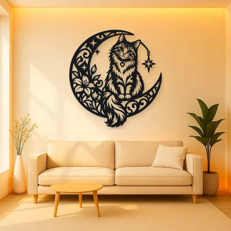 Cat on Moon Arc Metal Wall Art | Pet Lover Silhouette Decor